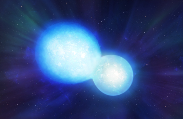 Neutron stars merging. Neutron stars are the remnants of stars that have run out of fuel and exploded as supernova, eventually collapsing into a superdense core. A typical neutron star has a mass of between 1.3 and 2.1 solar masses but measures only 10km in diameter. Neutron stars can exist as paired, or binary, stars. This illustration shows the collision of two neutron stars at the very final stage, just before they fully merge. This causes a violent burst of magnetic radiation lasting milliseconds, as well as the emission of gravitational waves. It is suggested that this is the source of short gamma ray bursts.