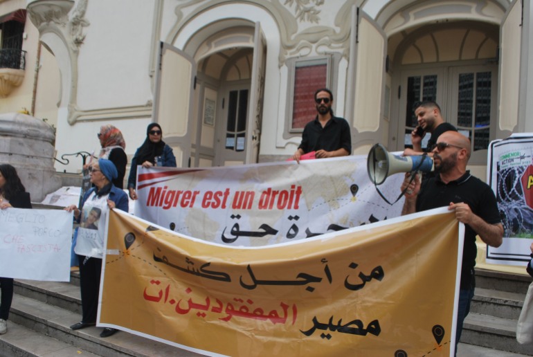 جانب من القفة الاحتجاجية ضد رئيسة الوزراء الإيطالية جورجيا ميلوني/العاصمة تونس/يونيو/حزيران 2023 (خاصة بالجزيرة نت)