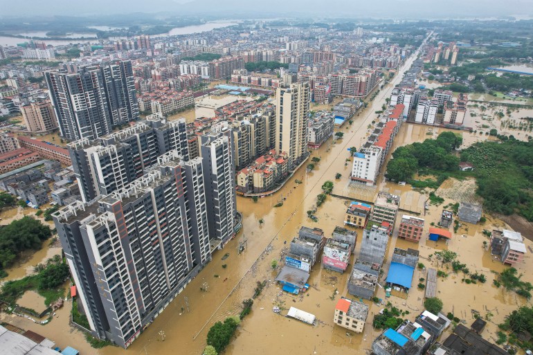 This aerial photo taken on April 22, 2024 shows a general view of flooded buildings and streets after heavy rains in Qingyuan city, in Chinas southern Guangdong province. (Photo by CNS / AFP) / China OUT / CHINA OUT