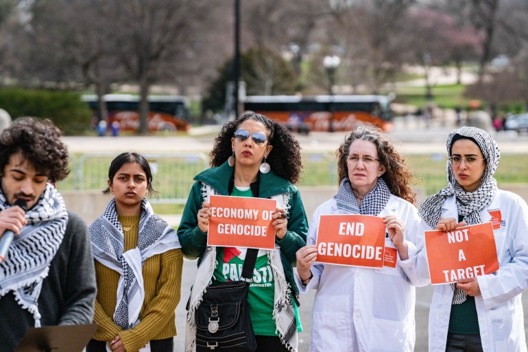 Doctors and community leaders are speaking at an 'End the War' press conference outside the US Capitol on March 7. (Photo by Andrew Thomas/NurPhoto via Getty Images)