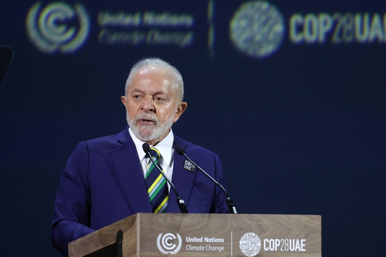 DUBAI, UNITED ARAB EMIRATES - DECEMBER 01: President of Brazil Luiz Inácio Lula da Silva delivers an address at the opening ceremony of the World Climate Action Summit during COP28 on December 01, 2023 in Dubai, United Arab Emirates. The King is visiting Dubai to attend COP28 UAE, the United Nation's Climate Change Conference. (Photo by Chris Jackson/Getty Images)