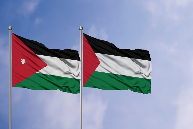 Palestine and Jordan flags side by side, Jordan and Palestine friendship; Shutterstock ID 2389523467; purchase_order: aljazeera ; job: ; client: ; other: