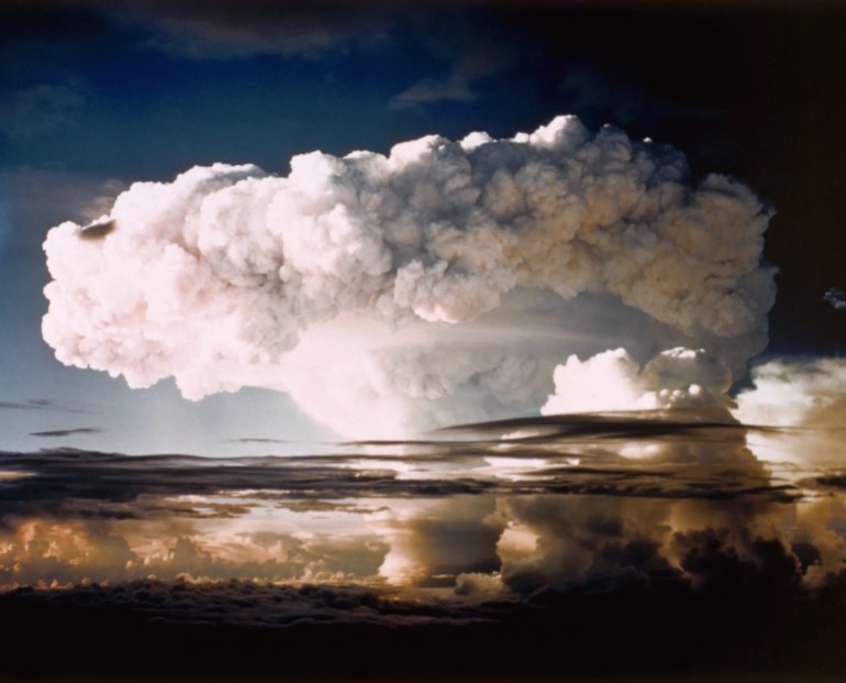 The mushroom cloud from shot Mike, one of the largest nuclear blasts ever, during Operation IVY at Enewetak Atoll, in 1952. The blast completely destroyed Elugelab Island. (Corbis via Getty Images)