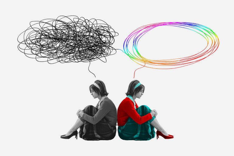 Before and after therapy. Young woman with obsessive, tangled thoughts and opposite part of her - happy and relaxed. Contemporary art. Concept of inner world, feelings, mental health and psychology
