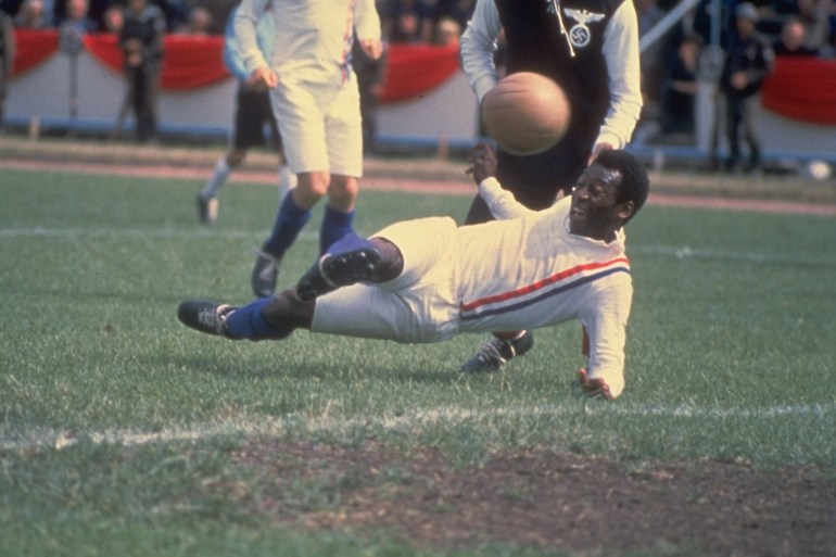 1982: Pele of Brazil scores the equalizing goal for the Allied POW's during the match against Germany in Paris featured in the filming of ''Escape to Victory'' . The match ended in a 4-4 draw. Mandatory Credit: Allsport UK /Allsport